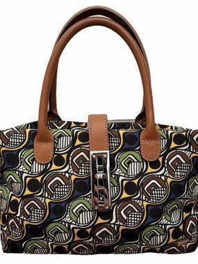 La Bagagerie Retro Geometric Print Satchel Tote – Navy Olive Mustard Brown Paris